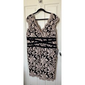 Tadashi Shoji Lace Formal Sheath Cocktail Dress V Neck Nude Black Women's 14 NWT